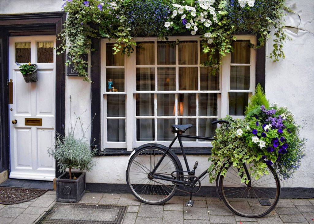 A vintage bicycle adorned with beautiful flowers parked outside a quaint guesthouse window.